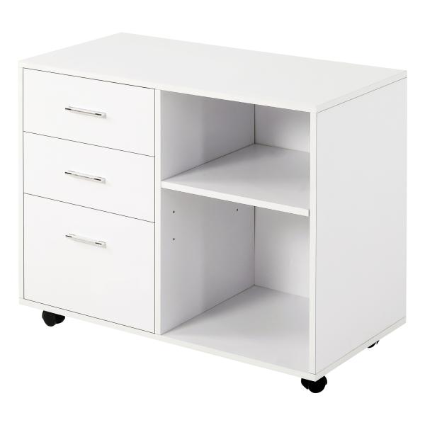 Armário de Escritório para Impressora Multifuncional com 3 Gavetas Prateleira Ajustável e Rodas 80x40x65cm Branco
