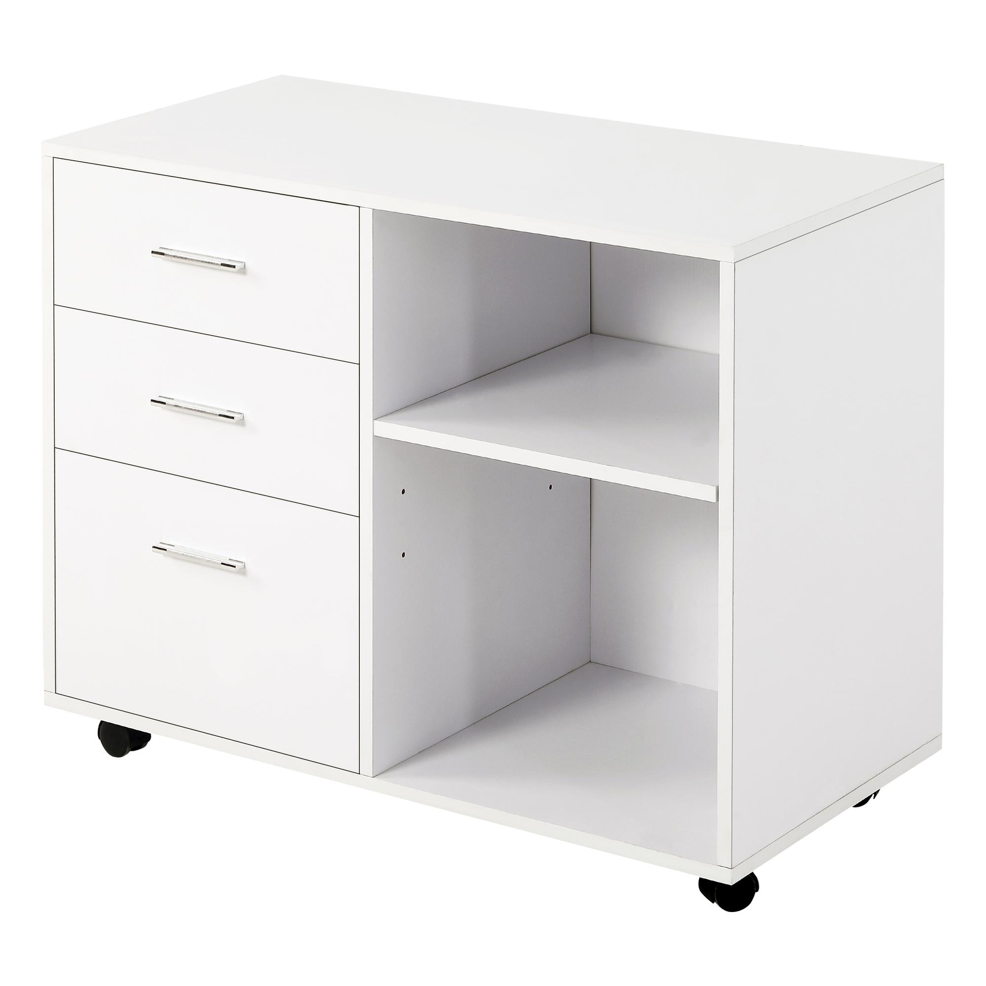 Armário de Escritório para Impressora Multifuncional com 3 Gavetas Prateleira Ajustável e Rodas 80x40x65cm Branco