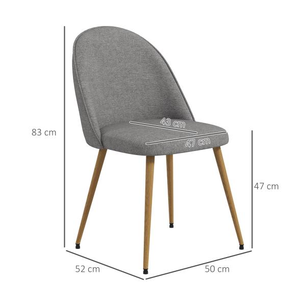 Conjunto de 2 Cadeiras Sala de Jantar Estofadas em Tecido de Linho com Pés de Aço 50x52x83 cm Cinza e Madeira