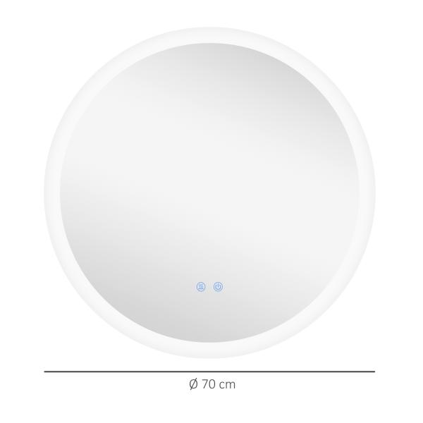 Espelho Casa de Banho Redondo com Luzes LED 70x70 cm Função Antiembaciamento 3 Luzes Função de Memória e Interruptor Tátil Prata
