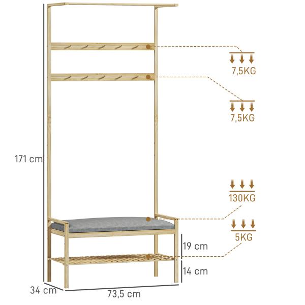 Móvel Cabide de Entrada com Sapateira 10 Ganchos Barra Superior e Compartimento 73,5x34x171 cm Madeira e Cinza
