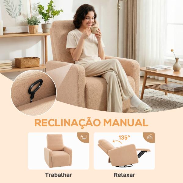 Poltrona Relax Reclinável Manual Poltrona Relax de Borreguito com Função de Baloiço 360° Reclinável até 135º 76x94x100 cm Marrom Claro