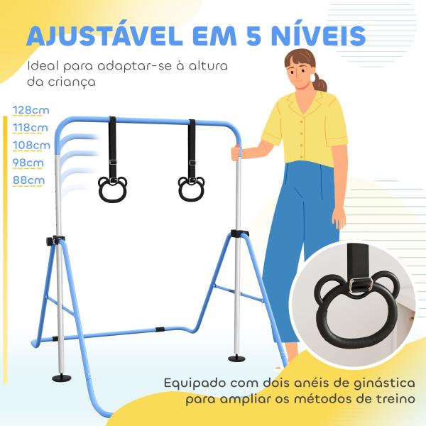 Barra de Ginástica para Crianças com Altura Ajustável em 5 Níveis Anéis e Dobrável 148x105x88 - 128 cm Azul