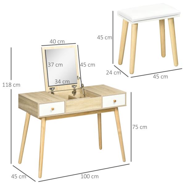 Toucador com Espelho Dobrável Mesa de Maquilhagem com Banco Compartimentos e Gavetas 100x45x118cm Madeira e Branco