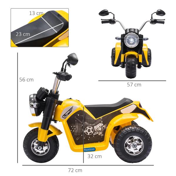 Motocicleta Elétrica Infantil com 3 Rodas Triciclo a Bateria 6V para Crianças de 18 - 36 Meses com Farol Buzina 72x57x56cm Amarelo