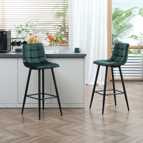 Conjunto de 2 Bancos Altos de Cozinha Bancos de Bar Estofados em Veludo com Apoio para os Pés e Encosto Verde