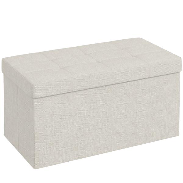 Banco com Armazenamento 84 L Banco de Arrumação Dobrável 76x38x38 cm Estofado em Linho Sintético Creme