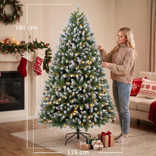 Árvore de Natal 180 cm com 350 Luzes LED, 11 Modos, Comando à Distância, 1020 Pontas, Base Metálica Dobrável, Verde