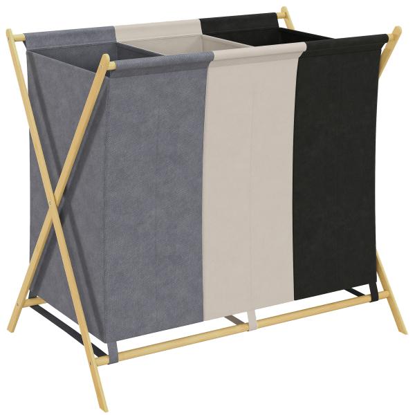 Cesto para Roupa Suja Dobrável com 3 Compartimentos Capacidade 129L com Estrutura de Bambu e Sacos Removíveis Multicolor