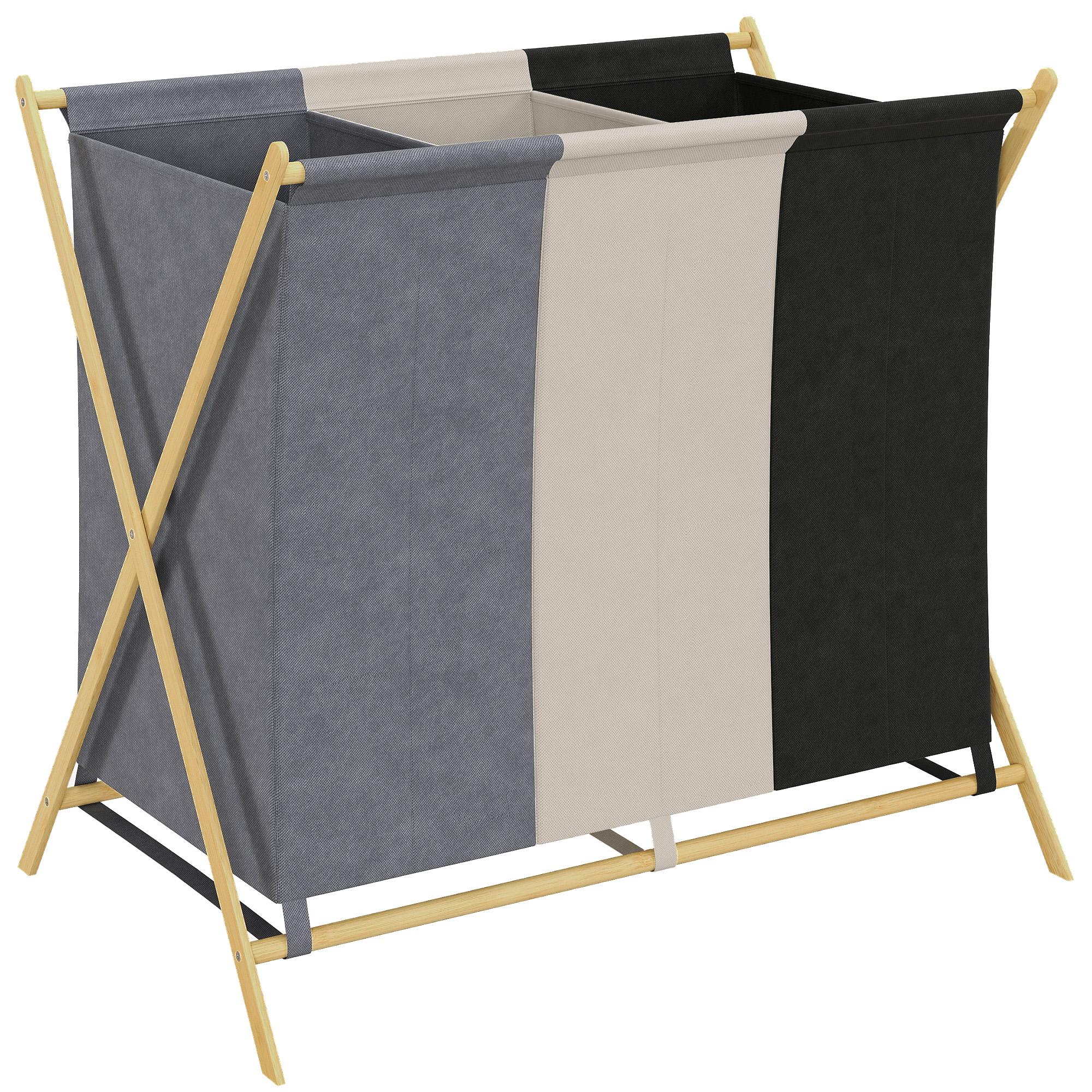 Cesto para Roupa Suja Dobrável com 3 Compartimentos Capacidade 129L com Estrutura de Bambu e Sacos Removíveis Multicolor