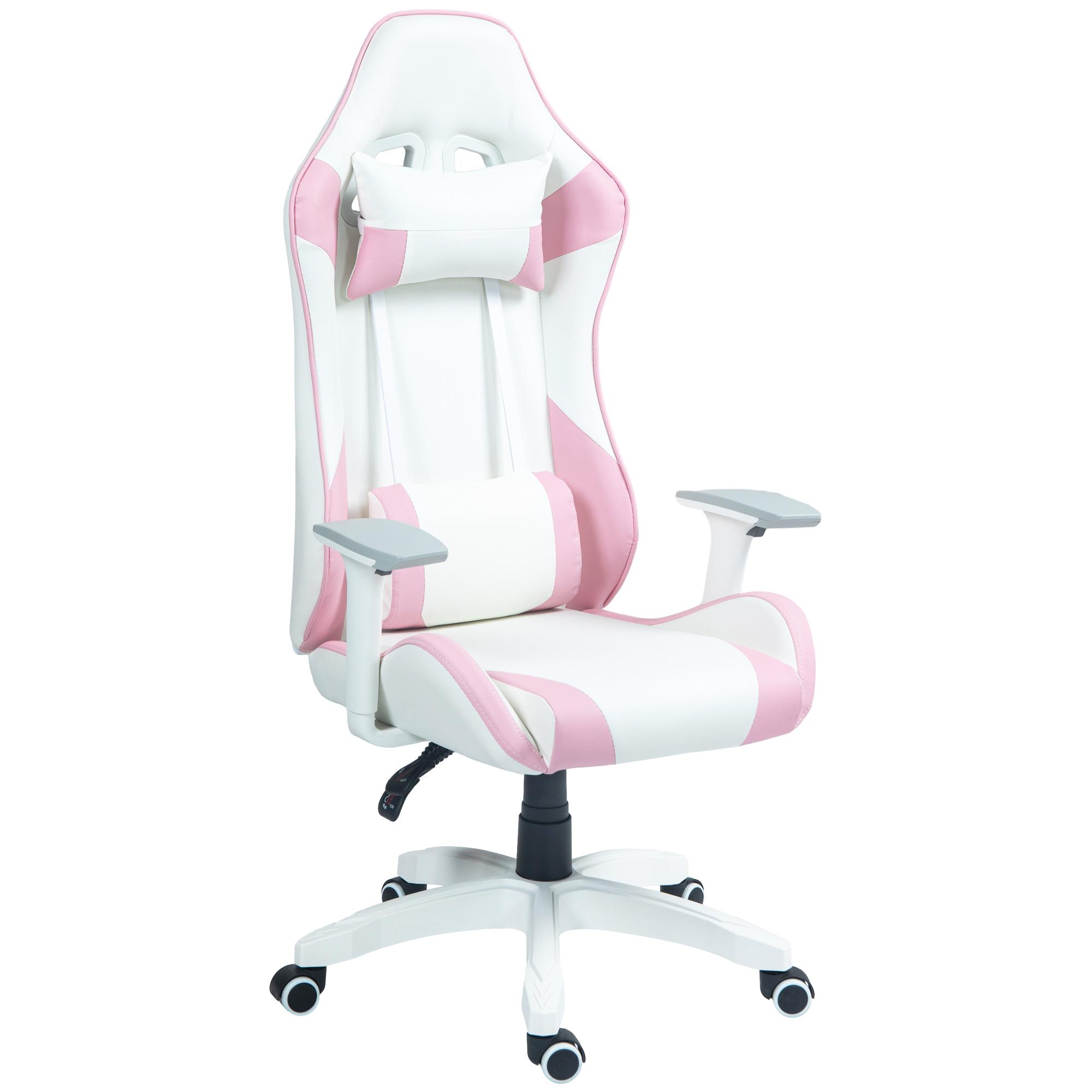 Cadeira Gaming Reclinável com Almofada Lombar Apoio de Cabeça Basculante e Altura Ajustável 67x60x120 - 128 cm Branco e Rosa