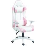 Cadeira Gaming Reclinável com Almofada Lombar Apoio de Cabeça Basculante e Altura Ajustável 67x60x120 - 128 cm Branco e Rosa