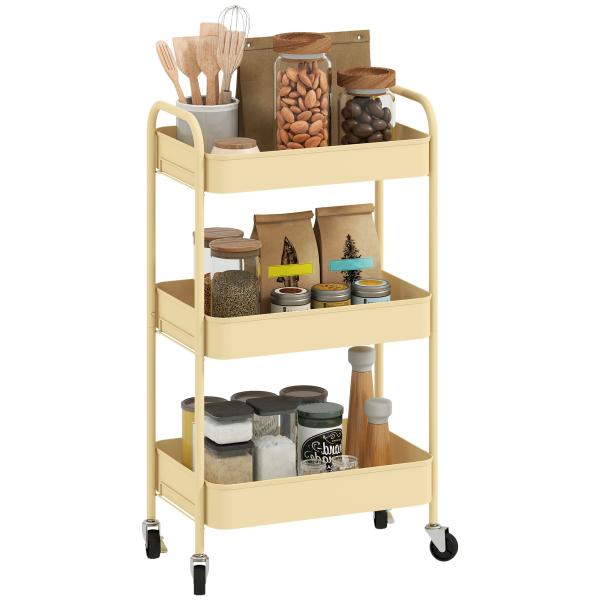 Carrinho Auxiliar com Rodas de 3 Níveis Carrinho de Cozinha com 3 Cestos e 2 Pegas 45x30,6x79 cm Amarelo