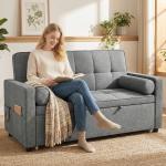 Sofá - Cama 2 Lugares 3 em 1 Deslizante em Tecido Linho com Encosto Ajustável Bolsos 2 Almofadas para Sala de Estar Cinzento