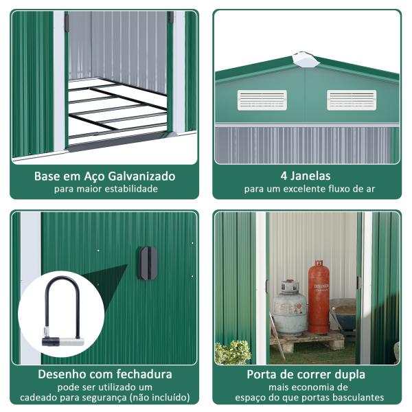 Abrigo de Jardim 258x206x178cm 5,3m² Abrigo de Aço Galvanizado com Portas de Correr e Ventilações para Armazenamento de Ferramentas Jardinagem Verde