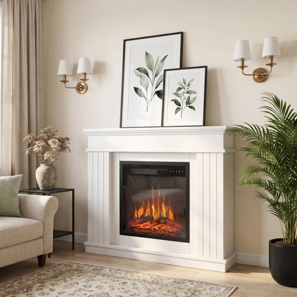 Lareira Elétrica Decorativa 1800W com Prateleira, Efeito de Chama, 5 Níveis de Brilho, Termóstato, Temporizador e Comando, para TV até 38", Branco