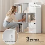 Estante para Livros de 3 Níveis com 9 Cubos, 3 Portas e 6 Compartimentos Abertos, 106x24x95 cm, Branco