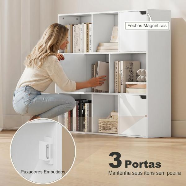 Estante para Livros de 3 Níveis com 9 Cubos, 3 Portas e 6 Compartimentos Abertos, 106x24x95 cm, Branco