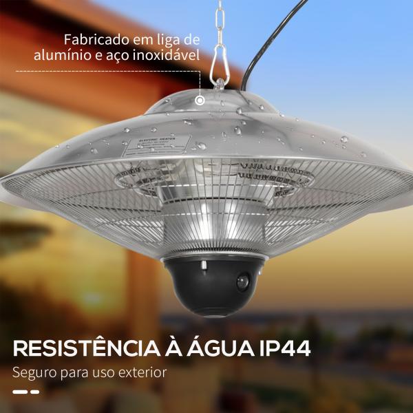 Aquecedor de Jardim Elétrico 1010W/1200W Infravermelho com Controlo Remoto 2 Níveis de Calor Proteção IP44 Ø58,5x33cm Prata