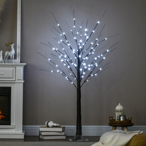 Árvore de Vidoeiro Artificial 150 cm com 96 LEDs Branco Frio, Neve Artificial, Base Metálica e Decoração de Natal Castanha