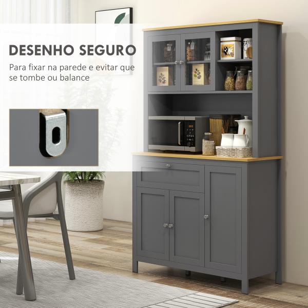 Armário de Cozinha Alto com 5 Portas Prateleira Ajustável, Gaveta Bancada Aberta para Microondas Orifício para Cabo 100x40x180 cm Cinza