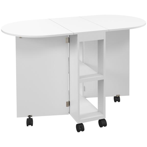 Mesa de Cozinha Dobrável com Rodas Laterais Rebatíveis e 2 Prateleiras Abertas Estilo Moderno 120x60x77 cm Branco