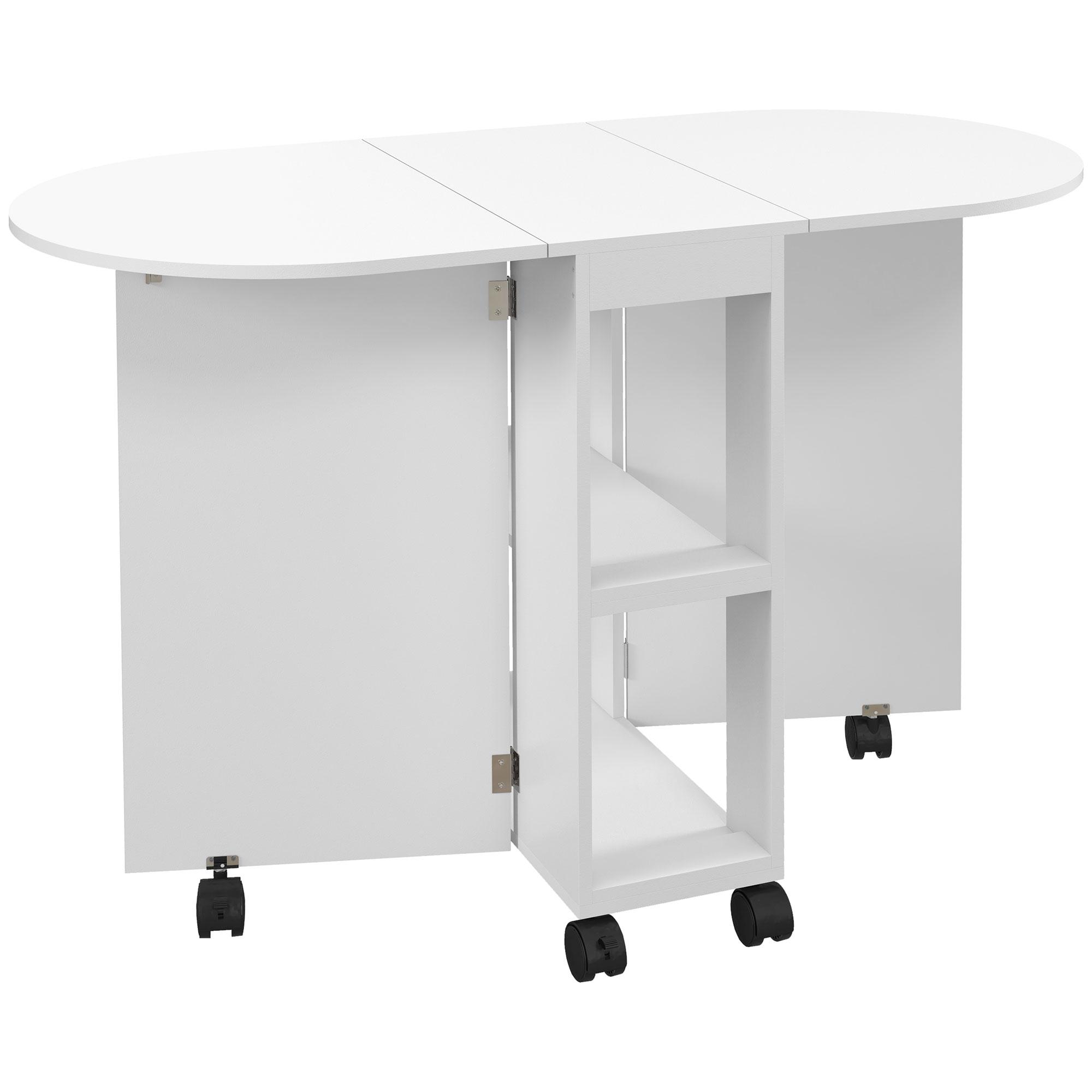 Mesa de Cozinha Dobrável com Rodas Laterais Rebatíveis e 2 Prateleiras Abertas Estilo Moderno 120x60x77 cm Branco