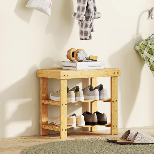 Banco Sapateira de Bambu Organizador de Sapatos com 2 Prateleiras para 4 Pares de Sapatos 50x28x45 cm Madeira