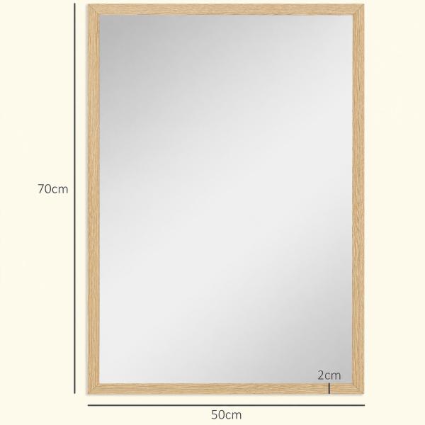 Espelho de Parede Decorativo 50x70 cm Espelho Retangular Espelho de Sala com 4 Ganchos Metálicos Estilo Moderno Madeira
