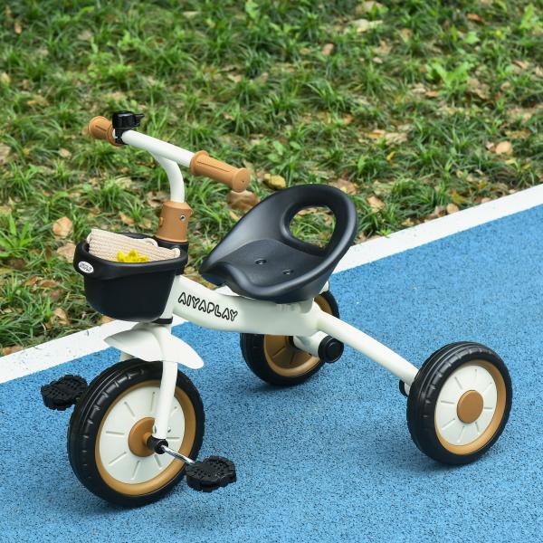 Triciclo para Crianças de 2 a 5 anos com Assento Ajustável Cesta Buzina e Pedais e 3 Rodas 70,5x53x58 cm Bege