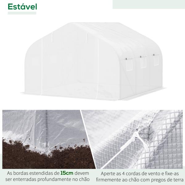 Estufa Tipo Túnel 445x299x200cm com Porta Enrolável 6 Janelas Estufa para Cultivo de Plantas Verduras Branco