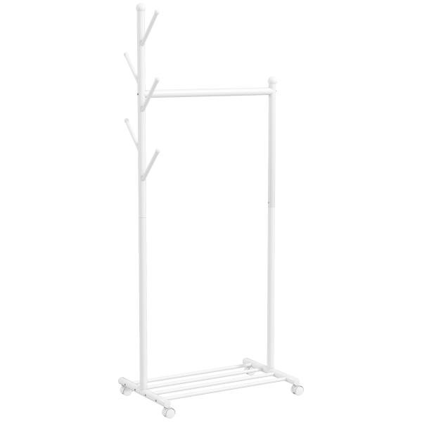 Charriot com Rodas 5 Ganchos Barra para Pendurar e Prateleira Inferior 68x43x171 cm Branco