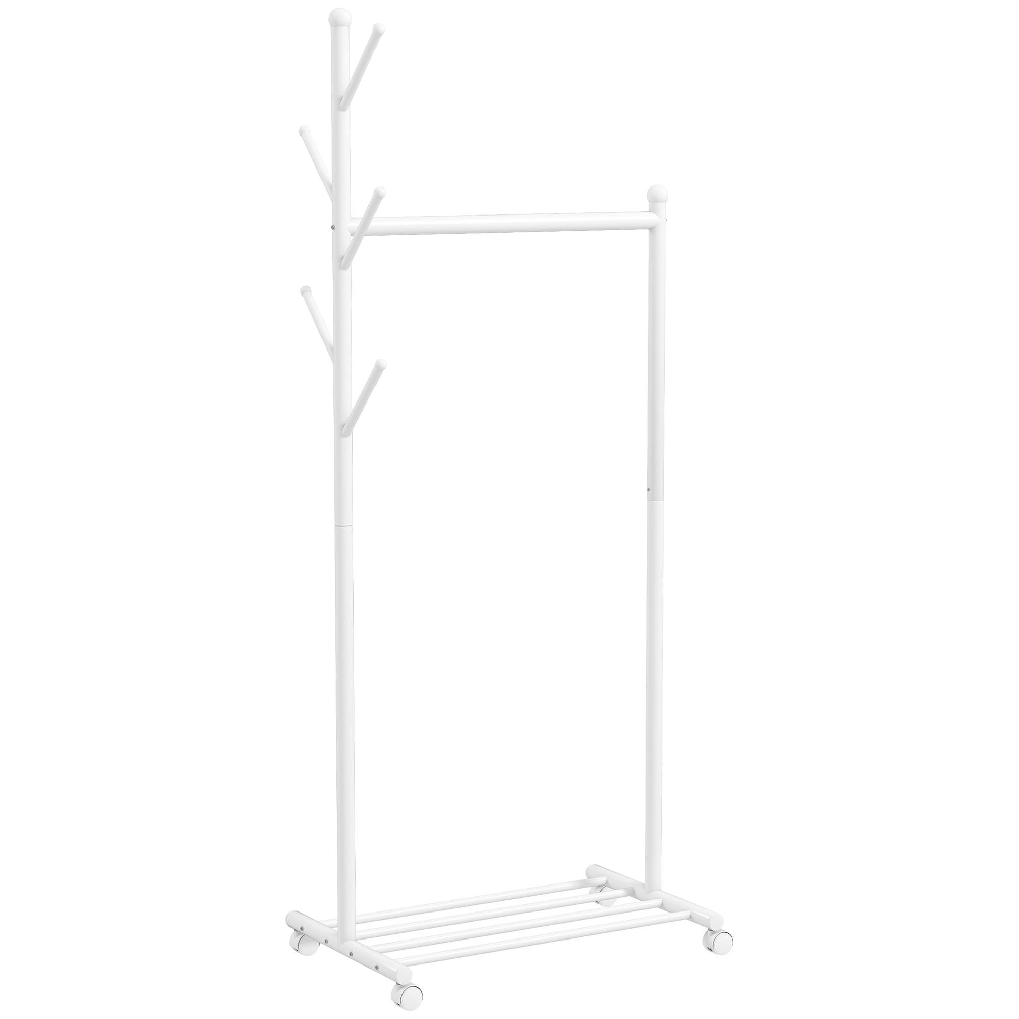 Charriot com Rodas 5 Ganchos Barra para Pendurar e Prateleira Inferior 68x43x171 cm Branco