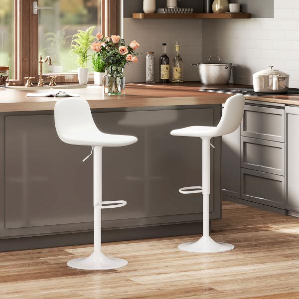 2 Bancos de Bar Reguláveis em Altura 84 - 104 cm com Encosto e Apoio para os Pés Estofadas em PU Giratórias em 360° Branco