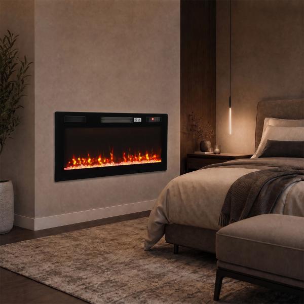 Lareira Elétrica Ultrafina 900/1800W Encastrável/De Parede/De Pé, 12 Cores de Chama 3D, Controlo Remoto, até 35 m², Preta