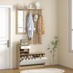 Móvel Cabide de Entrada de 3 Peças Armário de Entrada com Cabide Espelho Sapateira e Gaveta 90x10x102 cm Branco e Madeira