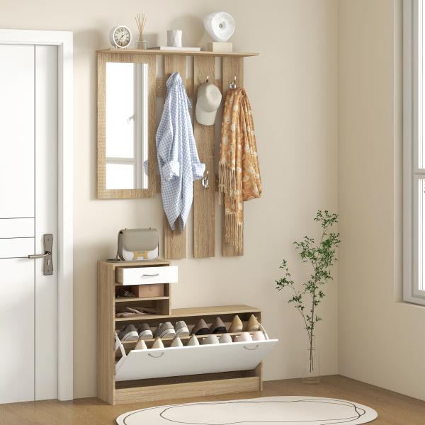 Móvel Cabide de Entrada de 3 Peças Armário de Entrada com Cabide Espelho Sapateira e Gaveta 90x10x102 cm Branco e Madeira