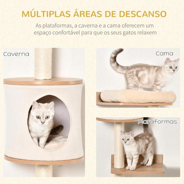 Árvore para Gatos de Parede com Múltiplas Plataformas Caverna Cama Superior Almofada Removível Postes Arranhadores de Sisal Torre para Escalar 38x30x149cm Bege e Carvalho