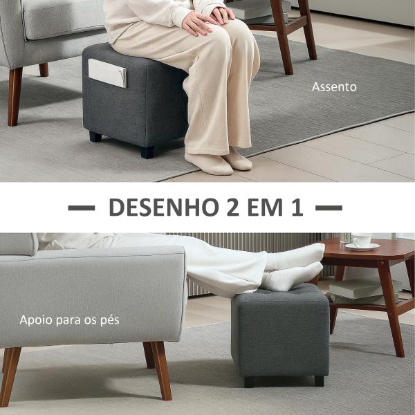 Apoio para os Pés Sala de Estar Banco Estofado em Linho com Bolso Lateral Tampa com Botões 35x35x35 cm Cinzento