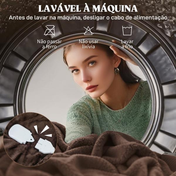 Manta Elétrica 180x130 cm Manta Térmica com Tecido Suave 10 Níveis de Temperatura e Temporizador Marrom