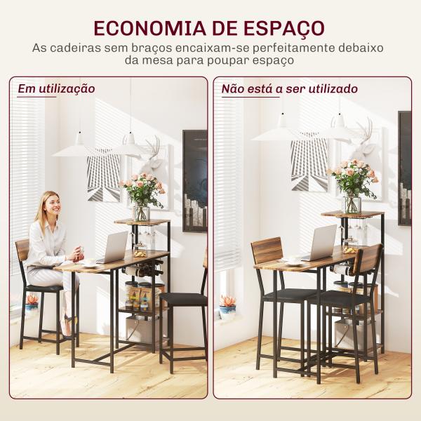 Conjunto de Mesa e Bancos de Bar Mesa Alta de Cozinha com 2 Bancos Laterais Rebatíveis Suporte para Vinhos e Prateleiras Castanho e Preto