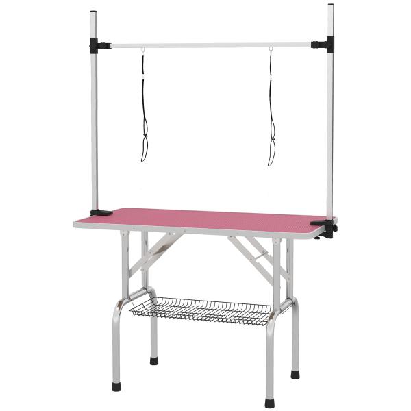 Mesa de Tosquia para Cães Dobrável Mesa de Higiene com Prateleira Metálica Superfície Antiderrapante 107x60x164 cm, Rosa