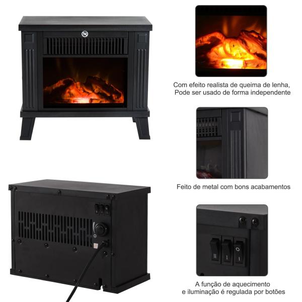 Lareira Elétrica com Efeito de Chama Realista Potência Ajustável 600W/1200W para Ambientes entre 13 - 18㎡ 34x17x31cm Preto