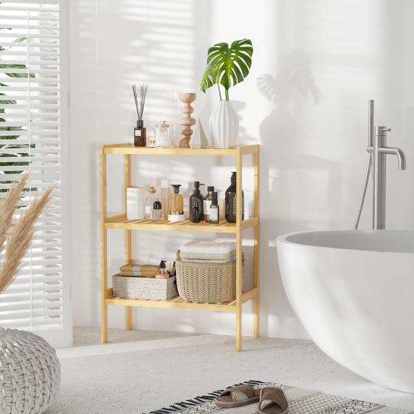 Estante de Bambu de 3 Níveis Móvel Organizador Multifuncional para Casa de Banho Cozinha Sala de Estar 62x33x80cm Natural
