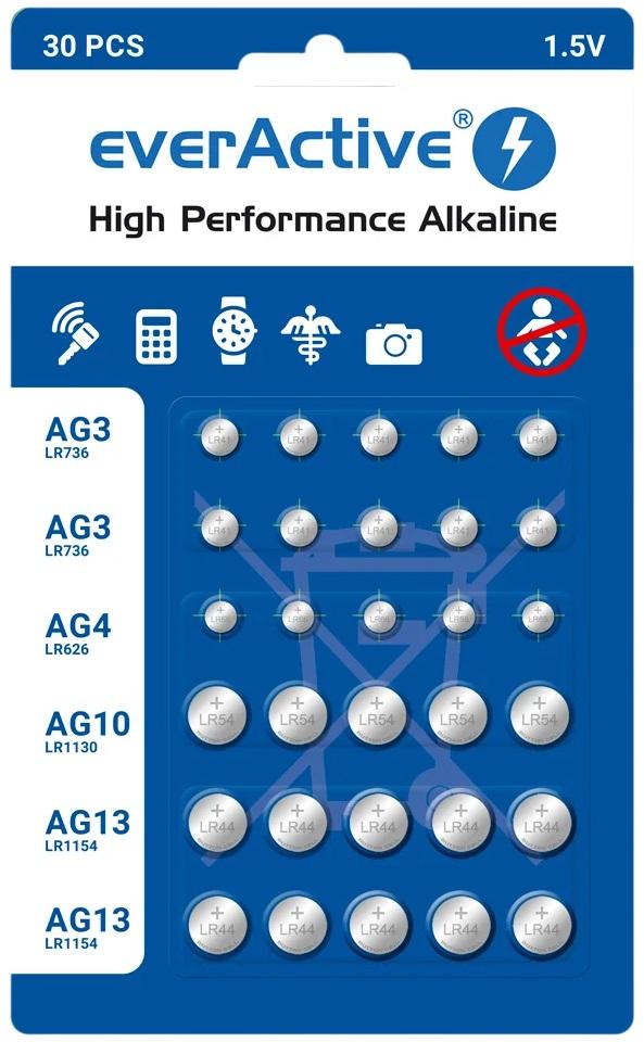 Pack 30x Pilhas Botão Alcalinas (AG3/AG4/AG10/AG13) - everActive