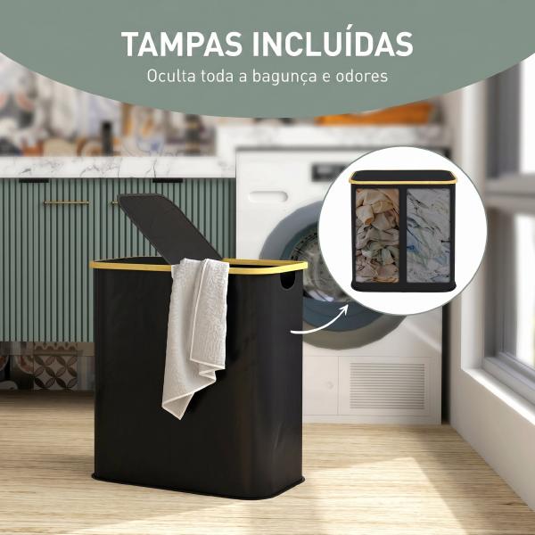 Cesto para Roupa Suja Dobrável com Tampa 80 L em Tecido não Tecido, 2 Compartimentos, Preto