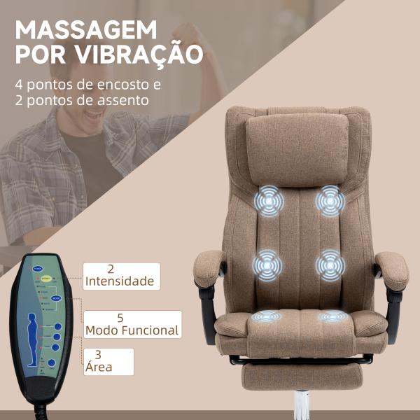 Cadeira de Escritório com 6 Pontos de Massagem com Vibração Reclinável com Altura Ajustável 65x61x101 - 113 cm Marrom