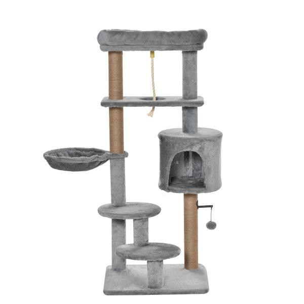 Árvore Arranhador para Gatos com Plataforma Caverna Rede postes de Juta Corda e Bola Suspensa 48x48x120 cm Cinza