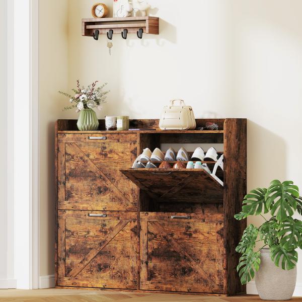 Sapateira de 4 Portas com Prateleiras Ajustáveis Estilo Industrial para 24 Pares de Sapatos 120x24x103 cm Castanho Rústico