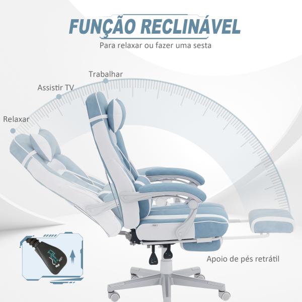 Cadeira Gaming Cadeira de Escritório Reclinável Apoio para os Pés Retrátil Suporte Lombar e Almofada para a Cabeça 63x63x115,5 - 123 cm Azul